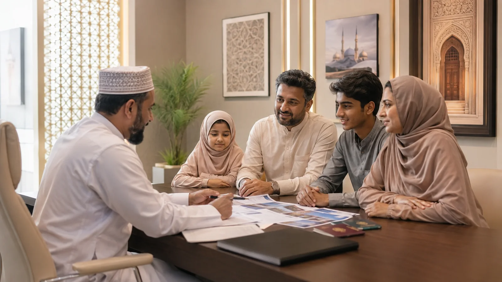 A Qafala advisor discussing Hajj and Umrah travel documents with a family.
