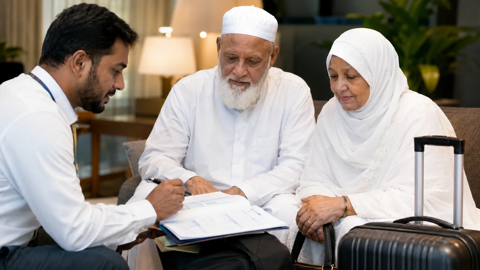 An advisor helping elderly pilgrims review travel documents.